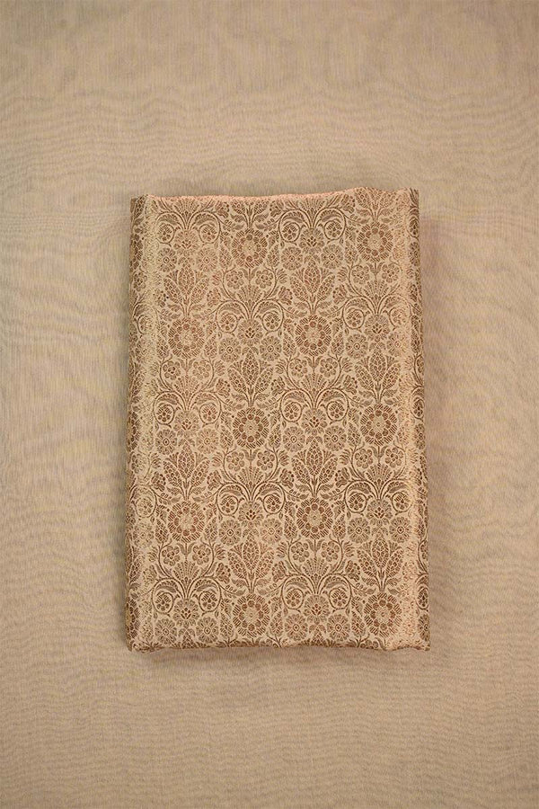 Beige Banarasi Silk fabric with gold zari, intricate woven patterns on beige background