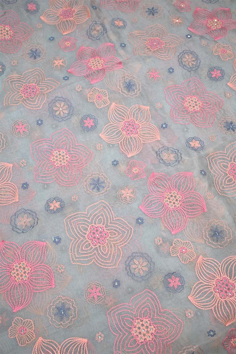 Powder Blue Organza Silk Fabric with Floral Resham Embroidery