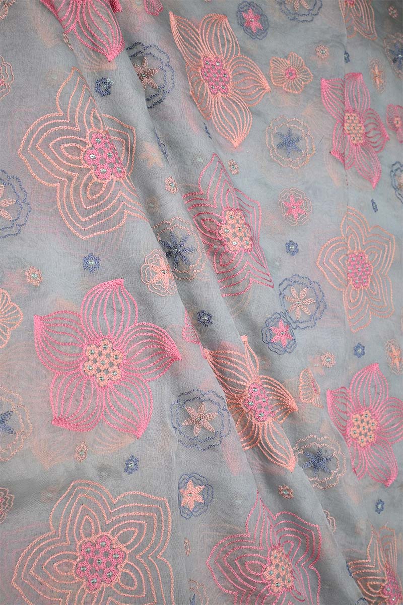 Powder Blue Organza Silk Fabric with Floral Resham Embroidery
