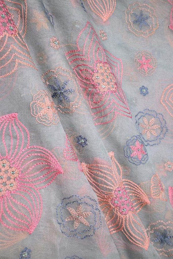 Powder blue organza Silk fabric with multicolor floral embroidery