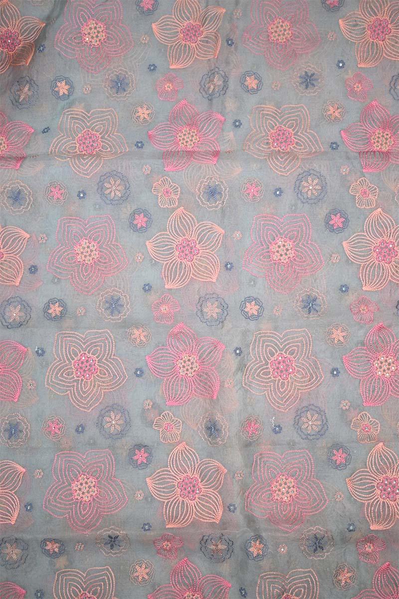 Powder Blue Organza Silk Fabric with Floral Resham Embroidery