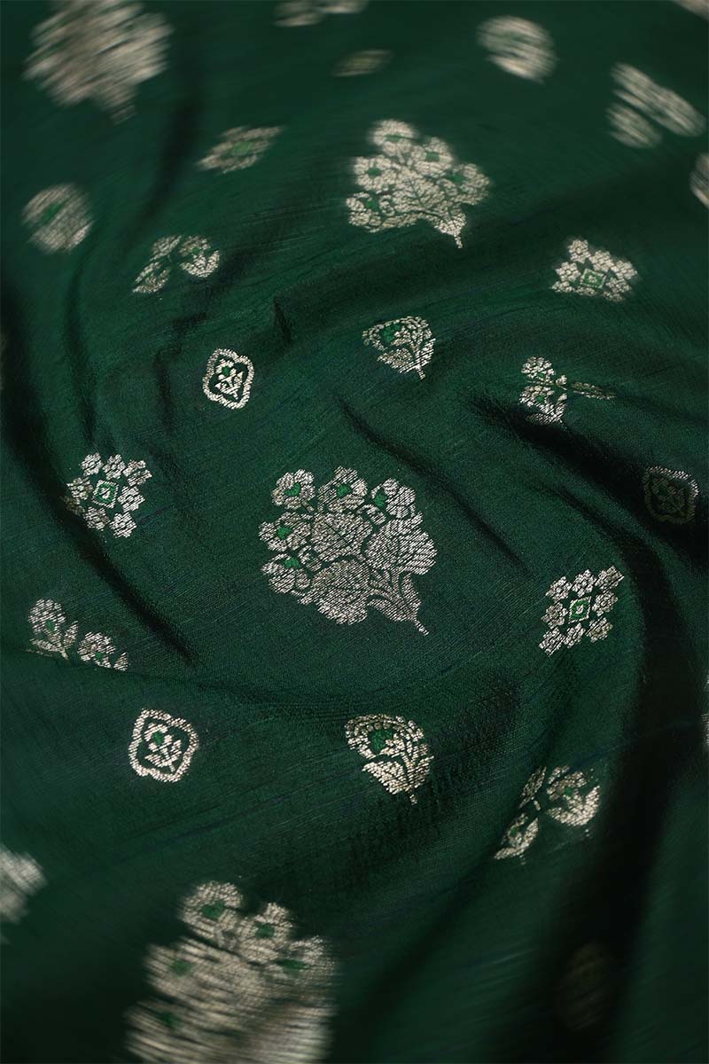 Bottle Green Raw Silk Fabric with Zari Meenakari Work