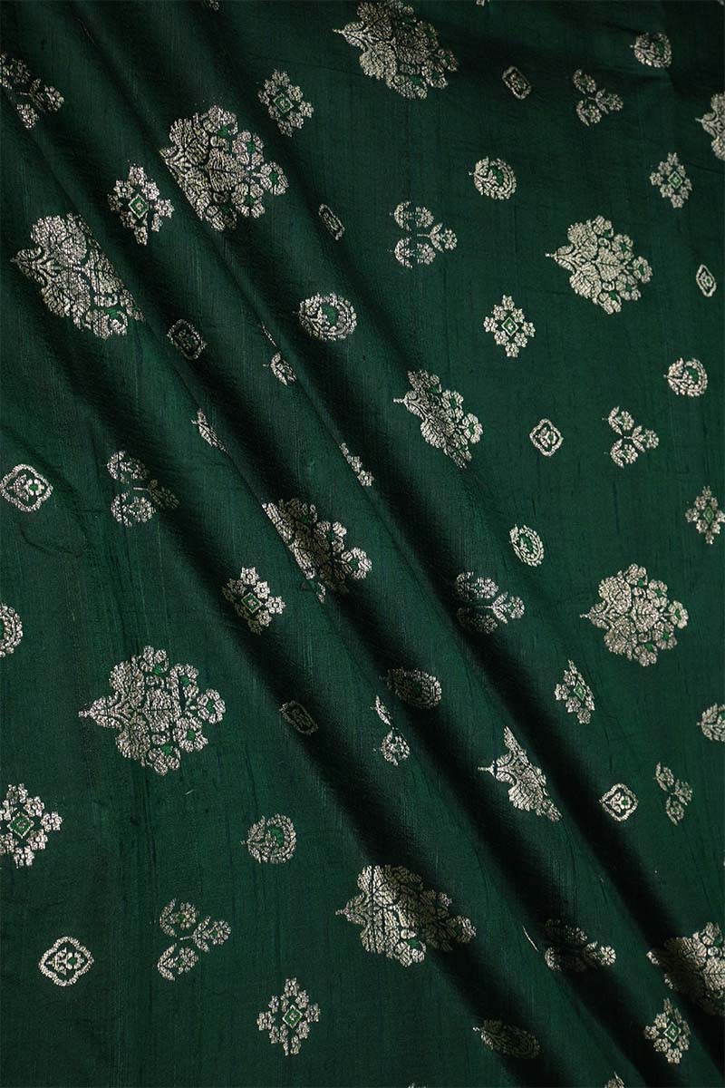 Bottle Green Raw Silk Fabric with Zari Meenakari Work
