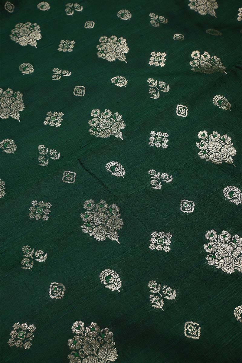Bottle Green Raw Silk Fabric with Zari Meenakari Work