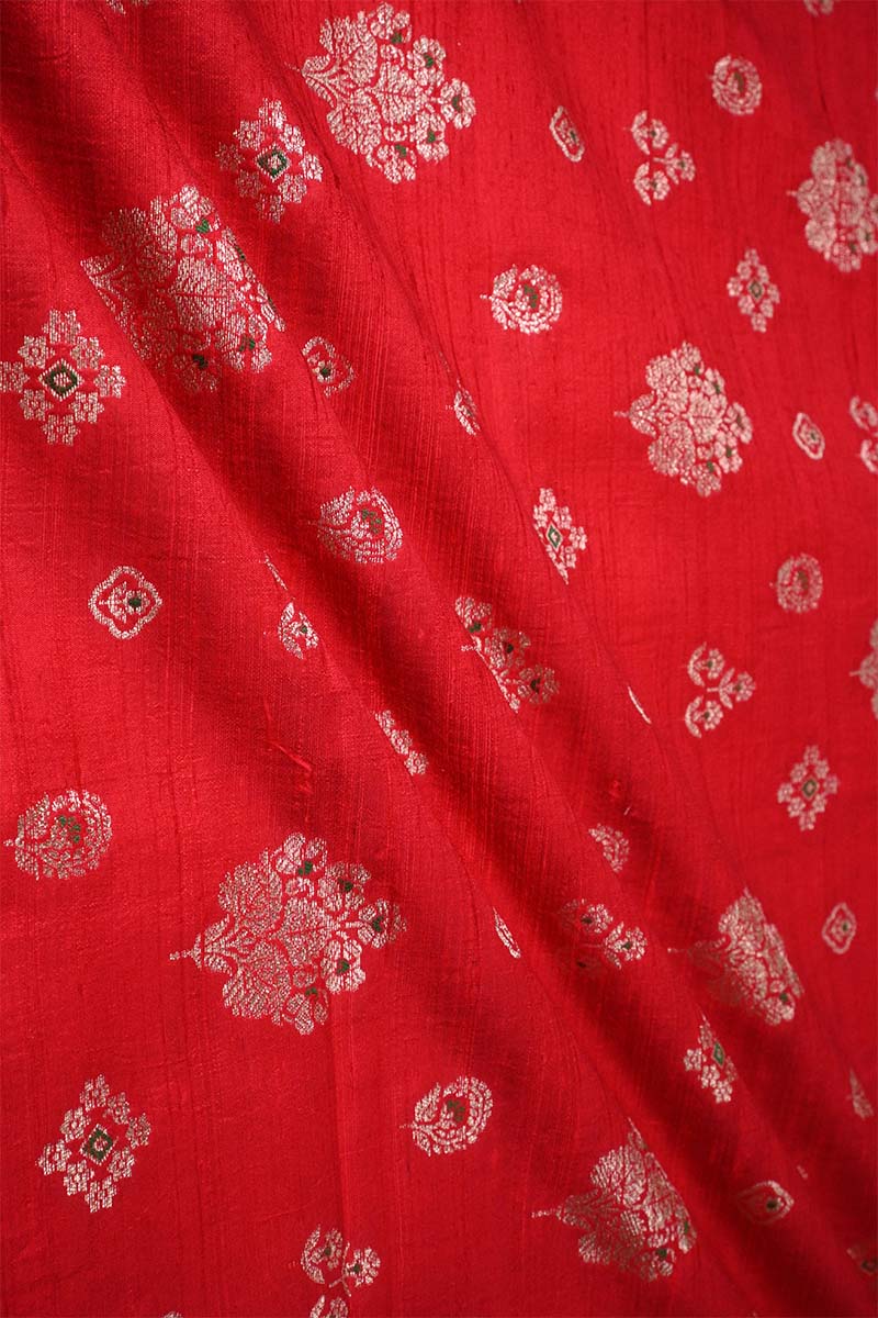 Red Raw Silk Fabric with Zari Meenakari Work