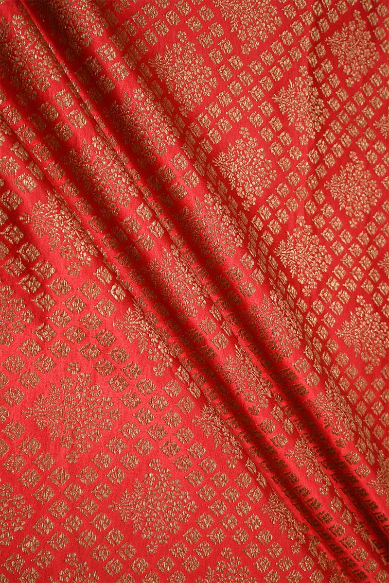 Red Banarasi Silk Fabric with Criss-Cross Floral Pattern