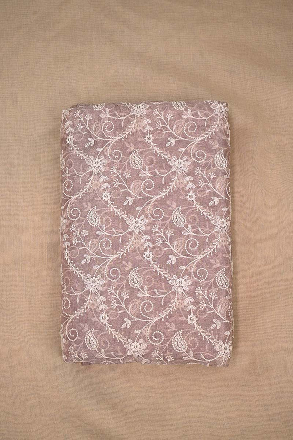 Mauve Tissue Silk Fabric with Chikankari Floral Embroidery