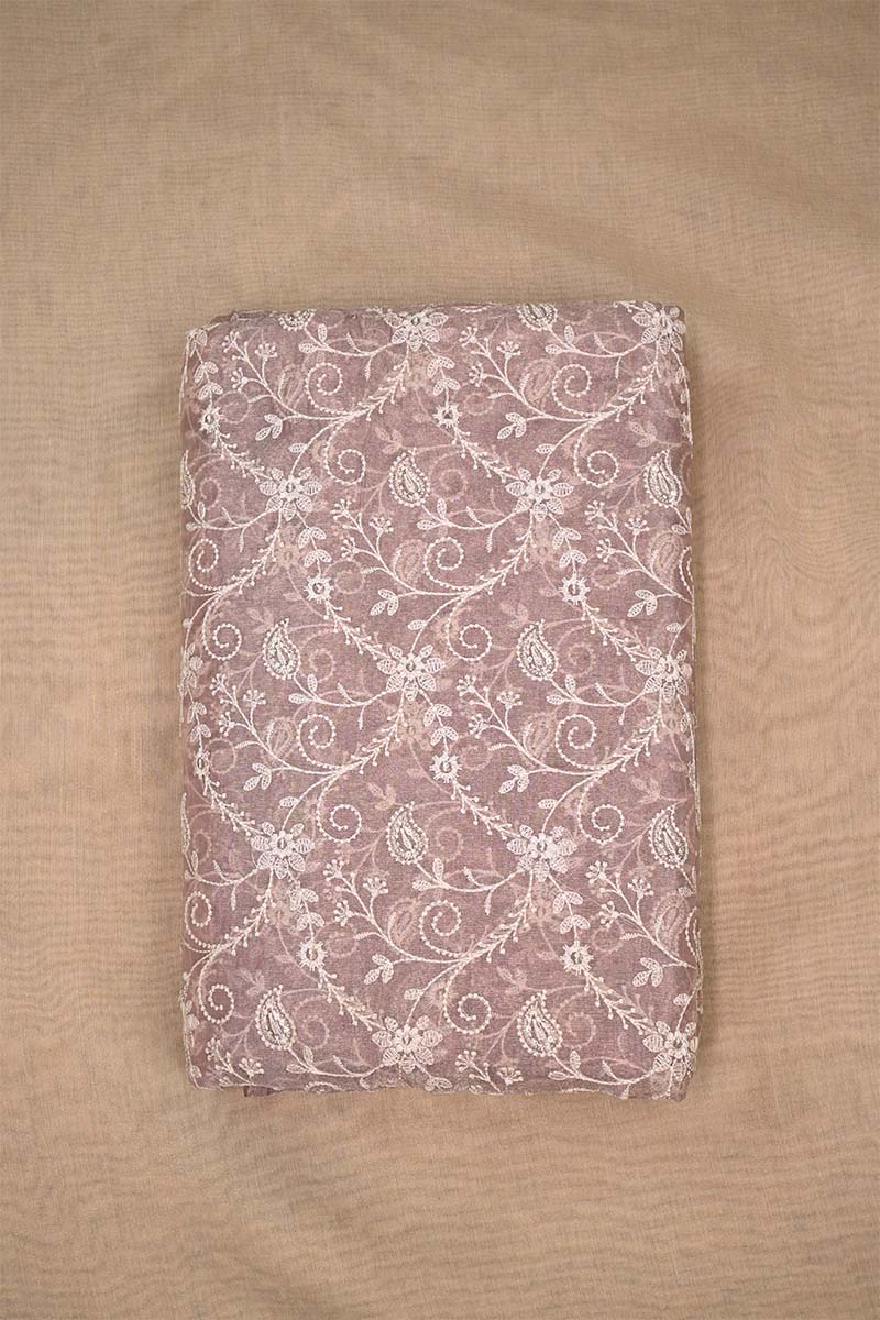 Mauve Tissue Silk Fabric with Chikankari Floral Embroidery