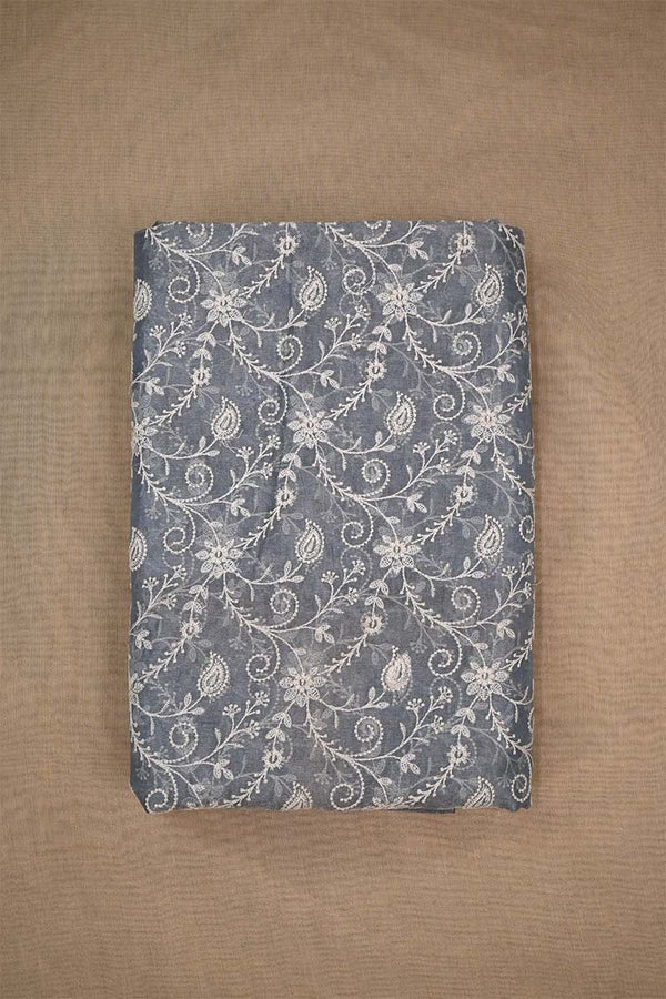 Grey Tissue Silk Fabric with Chikankari Floral Embroidery