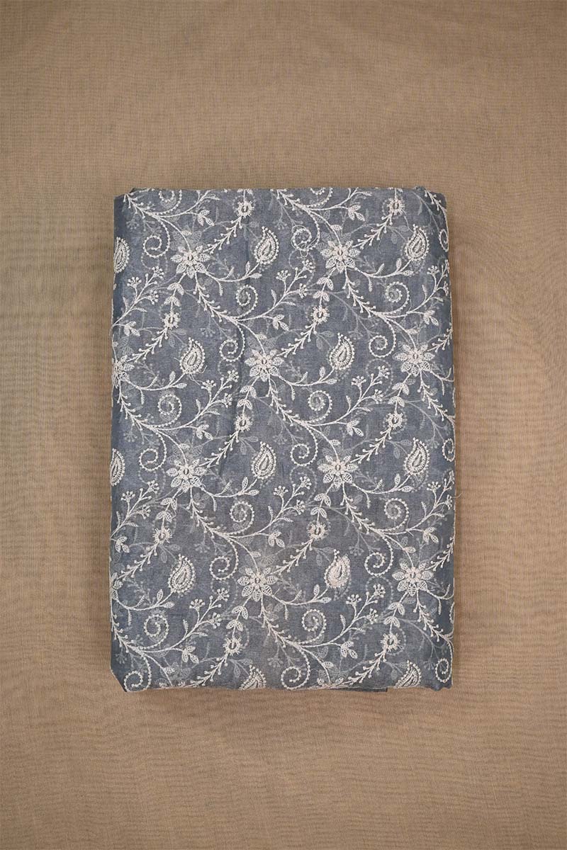 Grey Tissue Silk Fabric with Chikankari Floral Embroidery