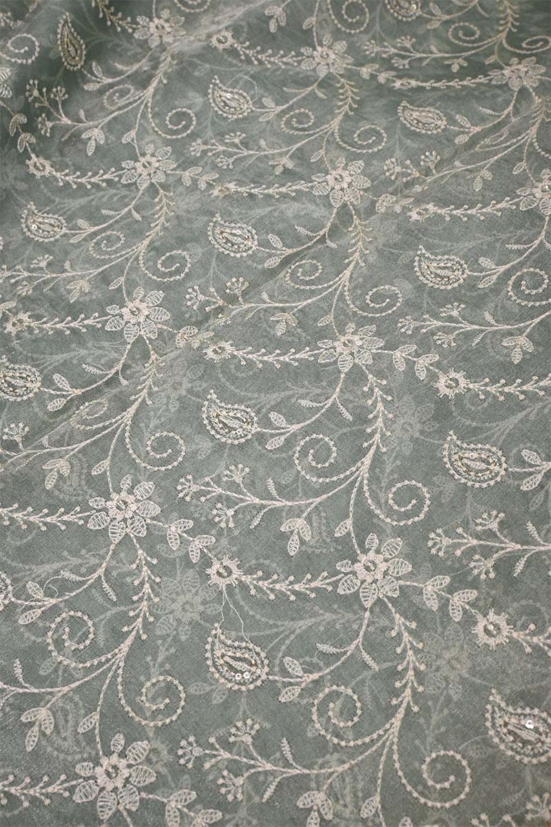 Sage Green Tissue Silk Fabric with Chikankari Floral Embroidery