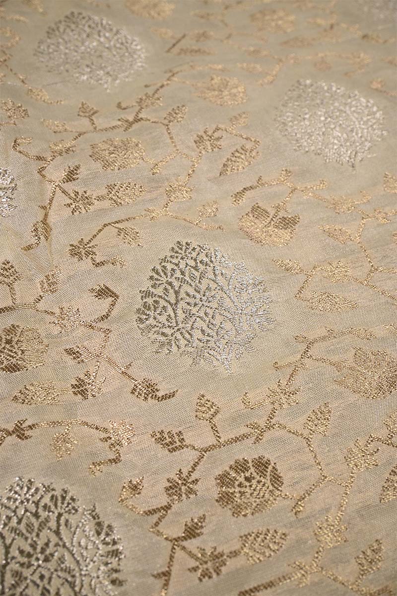 Cream White Banarasi Silk Fabric with Sona Rupa Zari Jaal Work