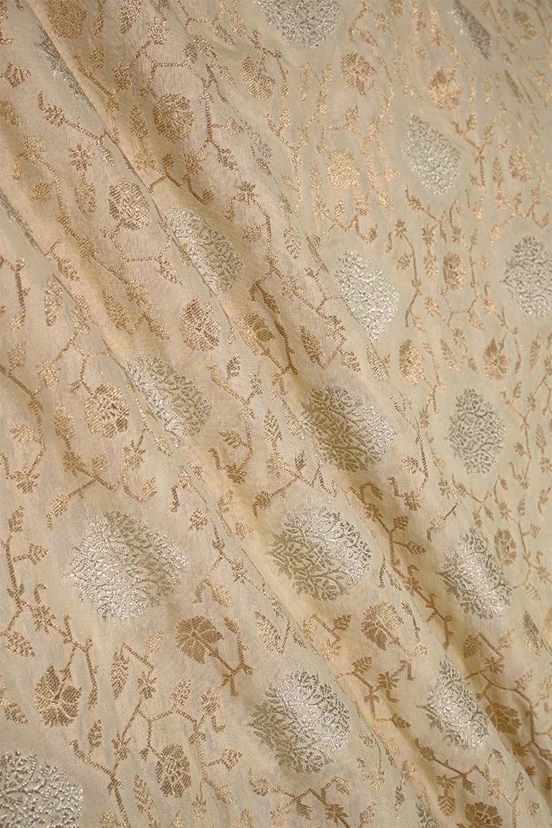 Cream White Banarasi Silk Fabric with Sona Rupa Zari Jaal Work
