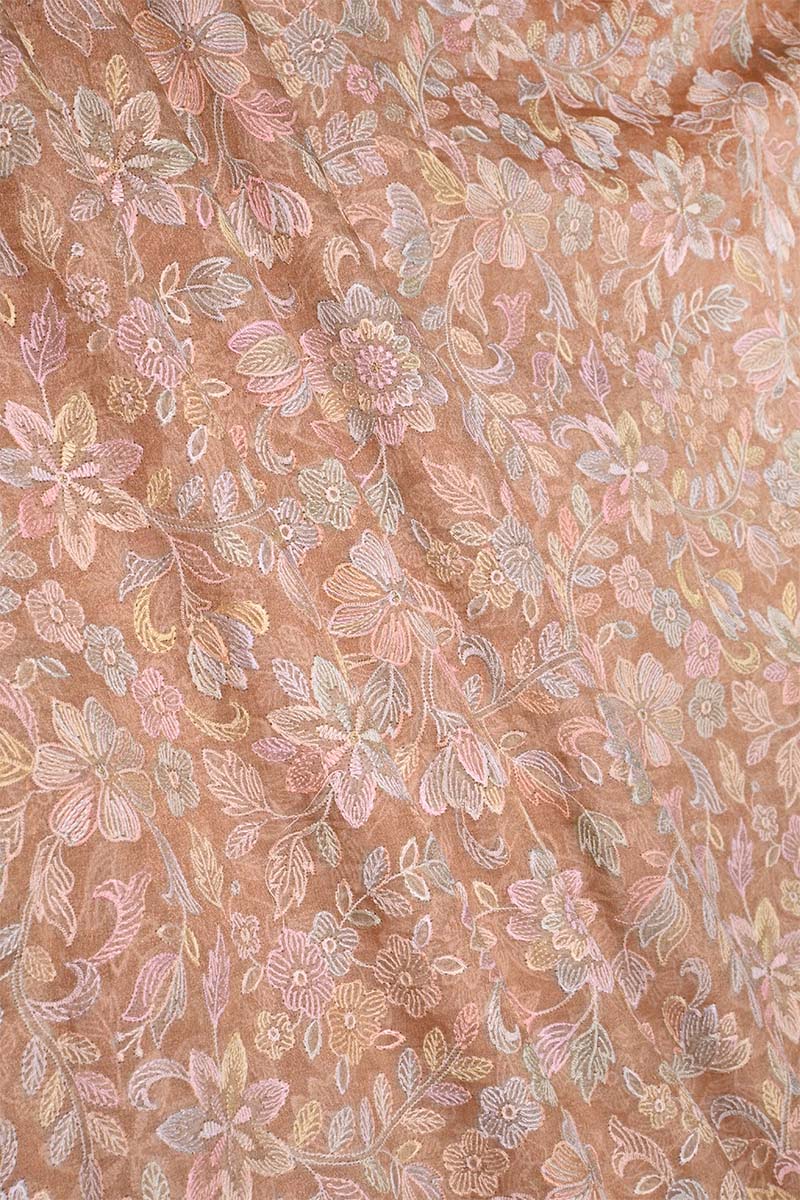 Peach Tissue Silk Fabric with Floral Resham Embroidery