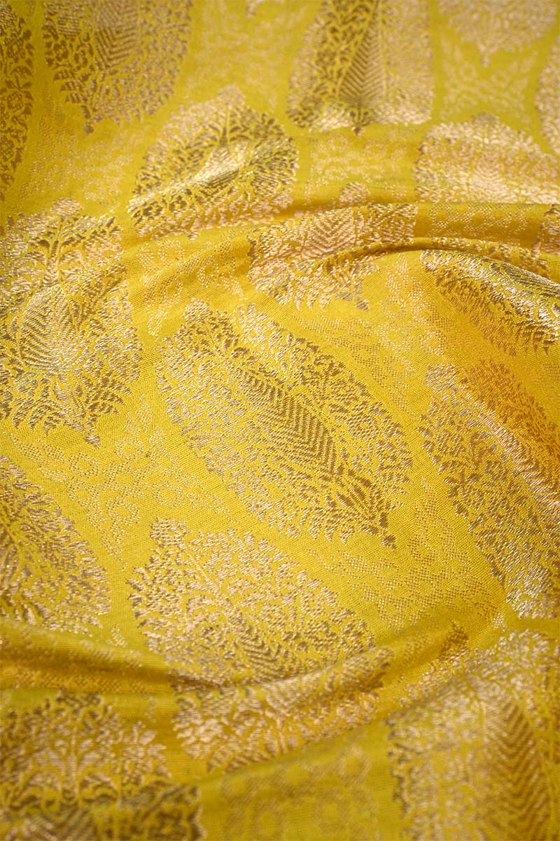 Yellow Banarasi Silk Fabric with Floral Detailing