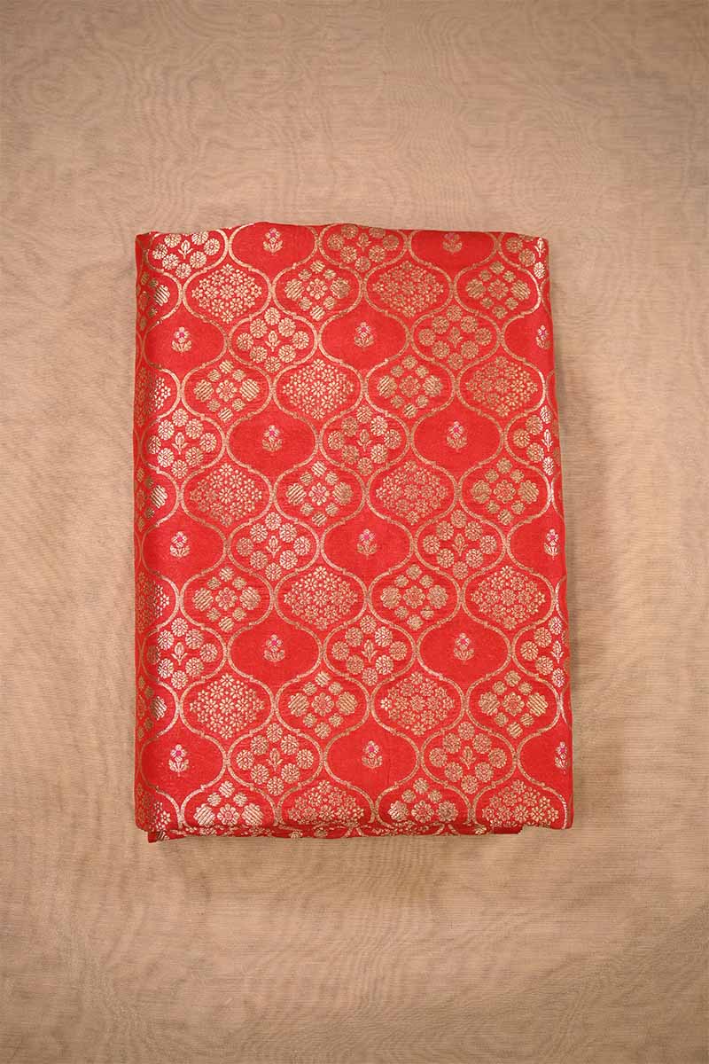 Red Banarasi Silk Fabric with Floral Ornament Pattern