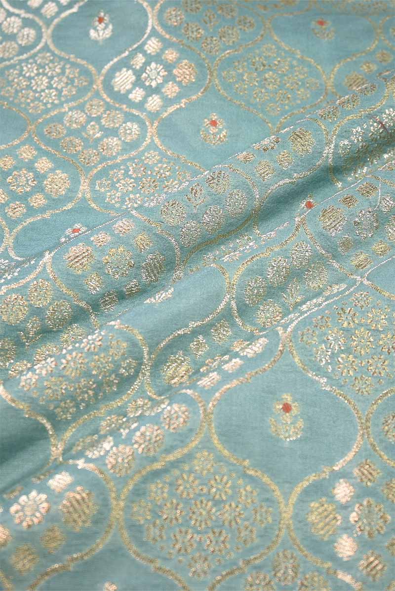 Sky Blue Banarasi Silk Fabric with Floral Ornament Pattern