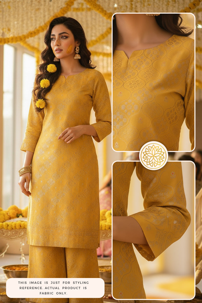 Woman wearing a yellow Banarasi silk outfit in Haldi ceremony with close-up details