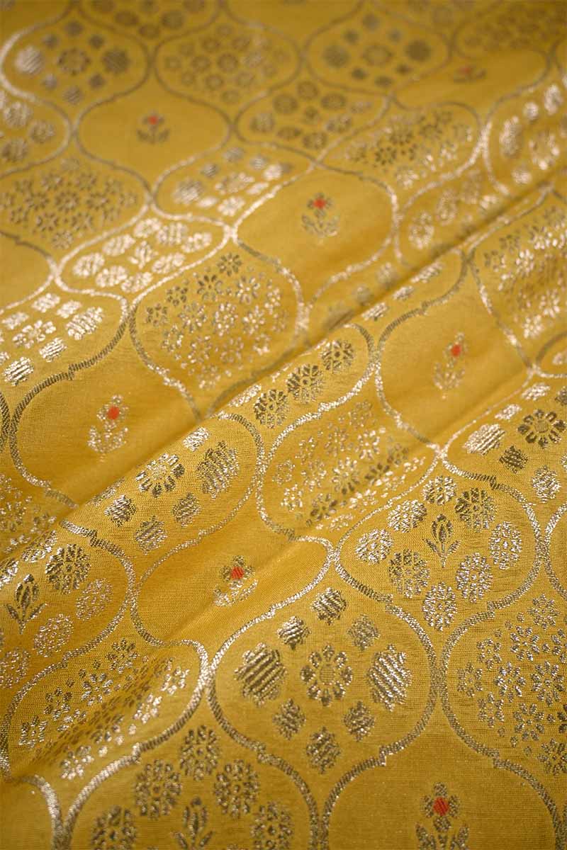 Yellow Banarasi Silk Fabric with Floral Ornament Pattern