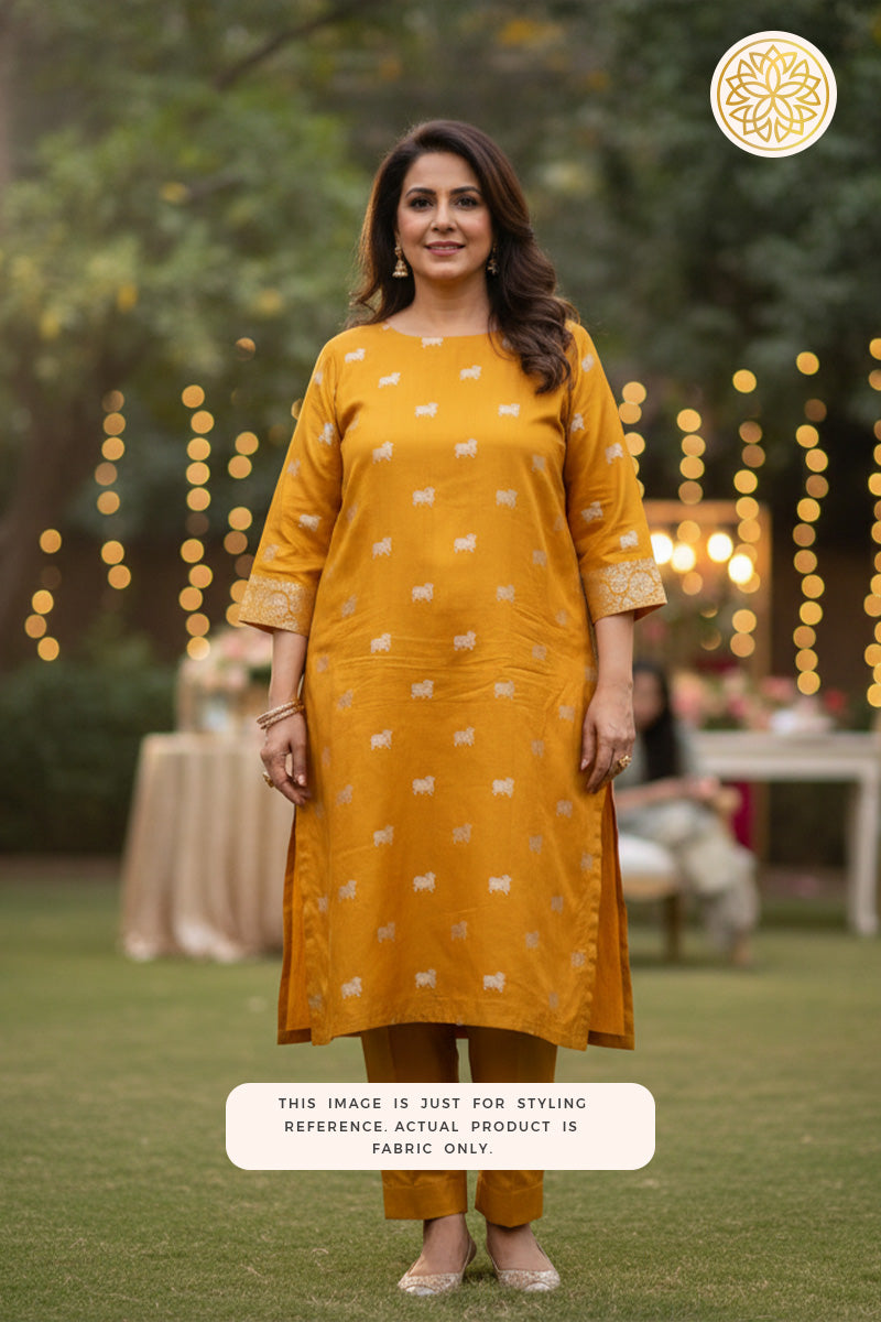 Woman wearing a mustard yellow kurta with Pichwai cow motifs patterns in an outdoor setting.