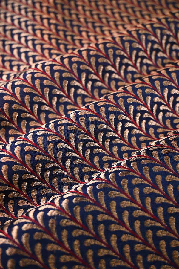 Navy Blue Banarasi Silk Brocade Fabric with Meenakari Stripes