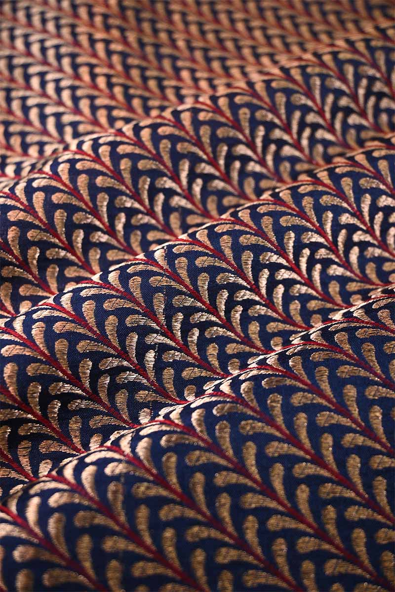 Navy Blue Banarasi Silk Brocade Fabric with Meenakari Stripes