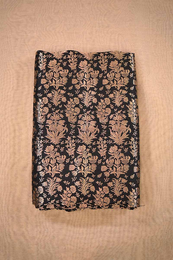 Black Banarasi Silk Fabric with Gold Zari Intricate Floral Jaal