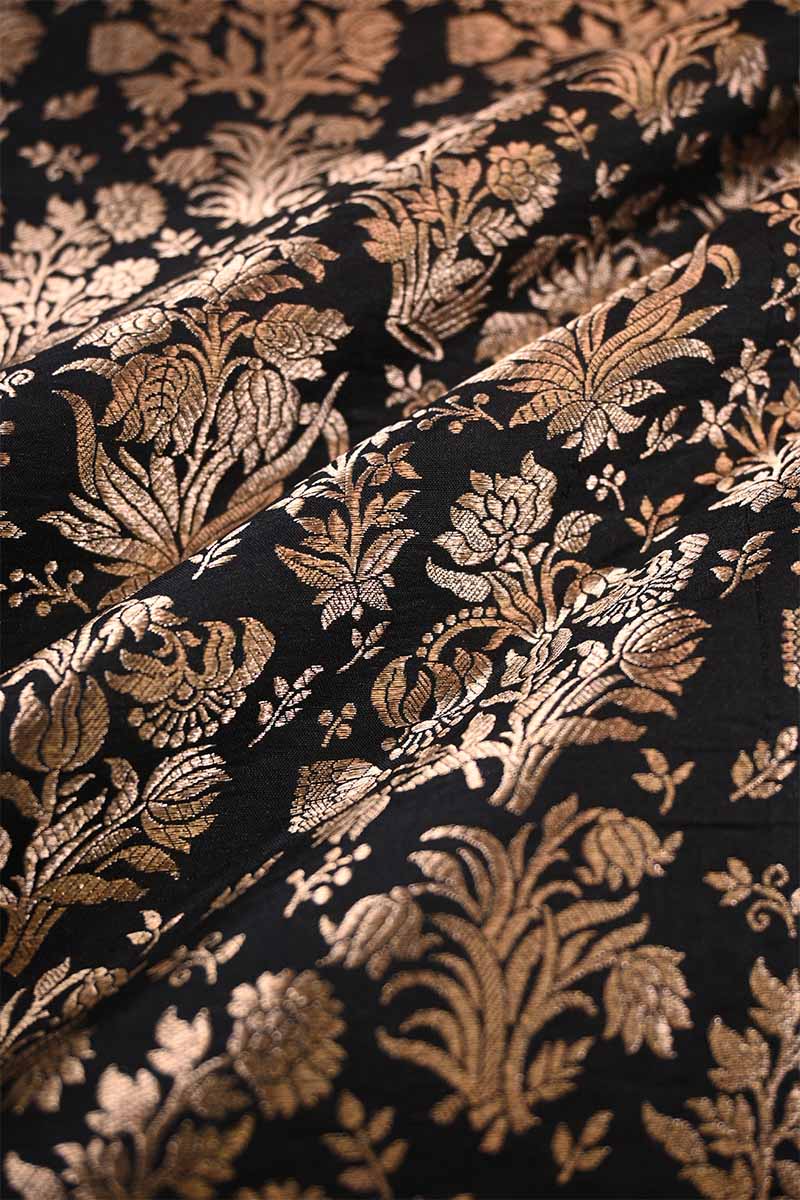 Black Banarasi Silk Fabric with Gold Zari Intricate Floral Jaal