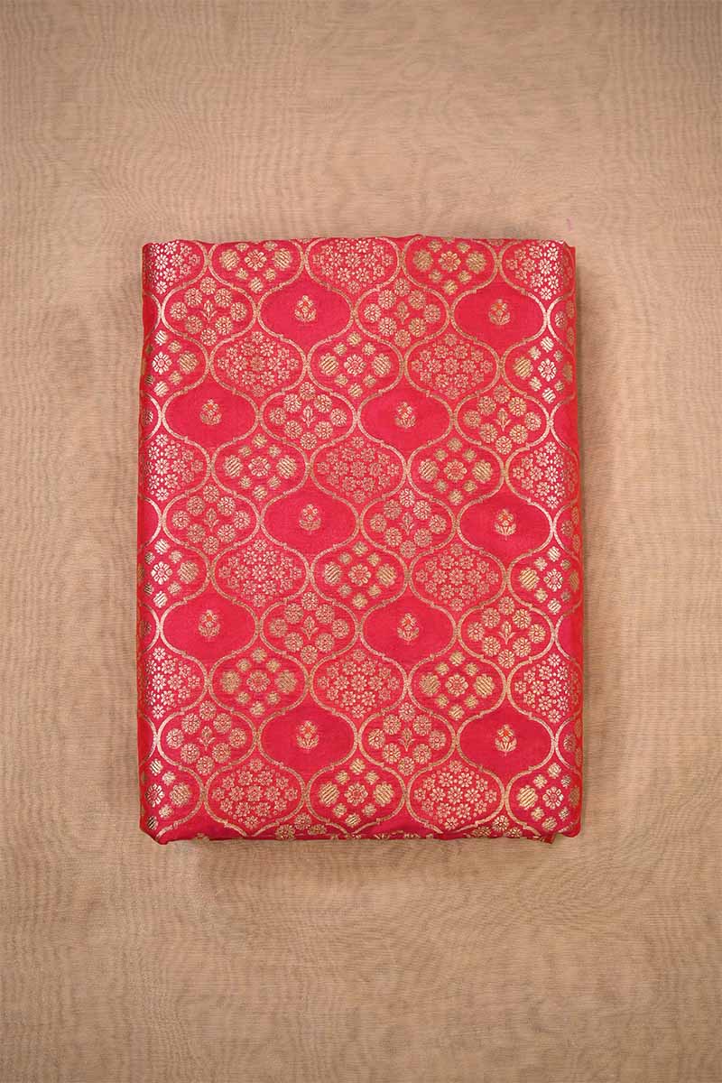 Deep Red Banarasi Silk Fabric with Floral Ornament Pattern