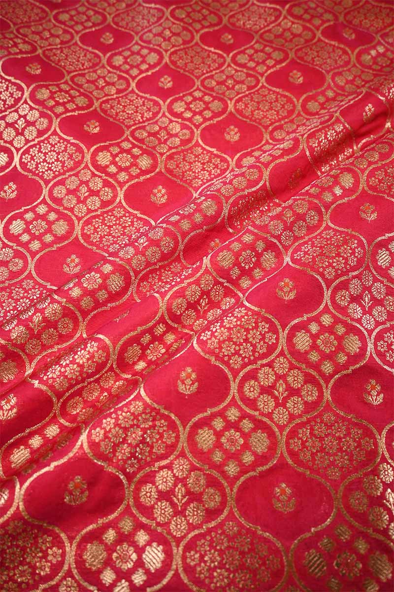 Deep Red Banarasi Silk Fabric with Floral Ornament Pattern