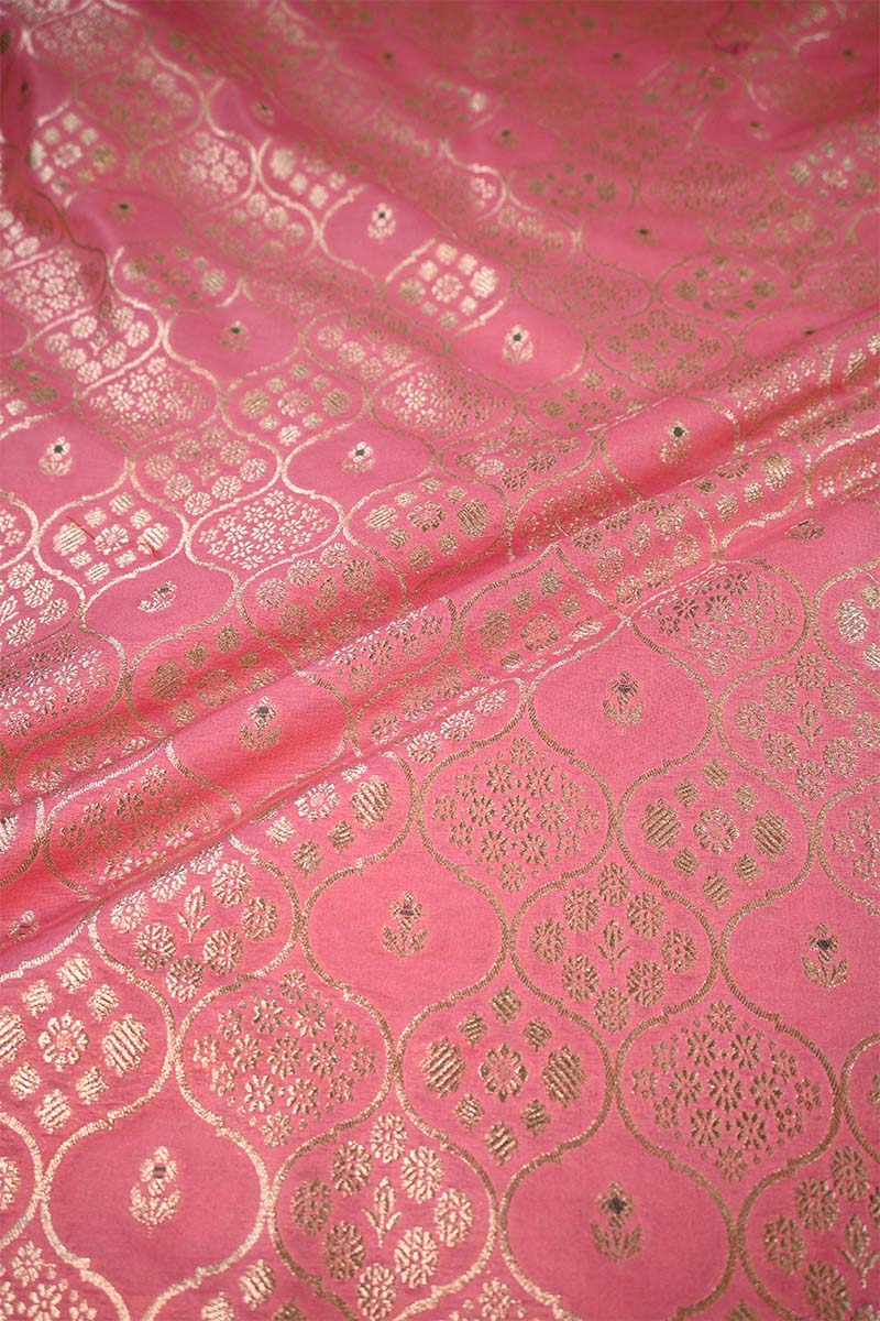 Pink Banarasi Silk Fabric with Floral Ornament Pattern