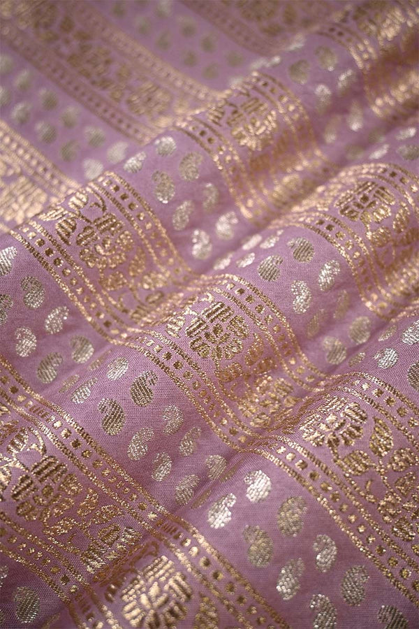 Lilac Banarasi Silk Fabric with Floral & Paisley Stripes