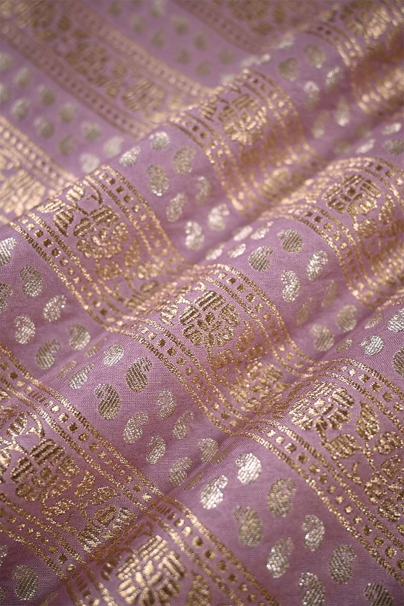 Lilac Banarasi Silk Fabric with Floral & Paisley Stripes
