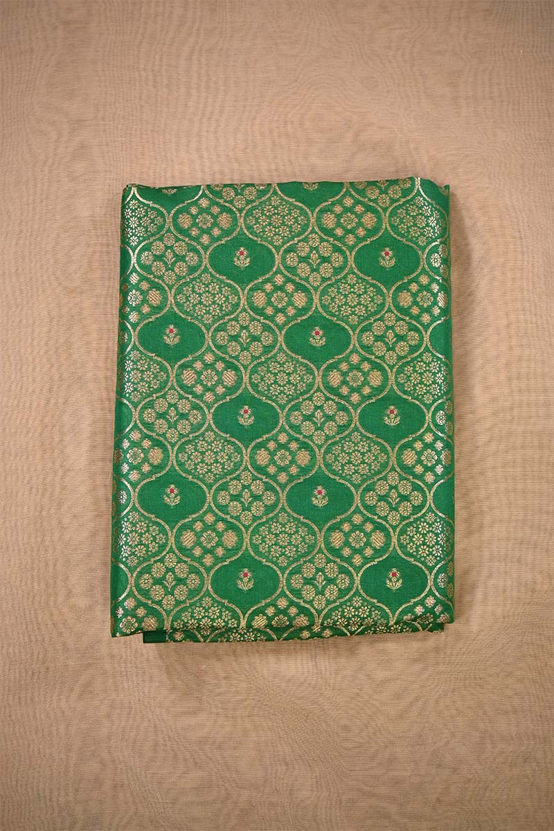 Green Banarasi Silk Fabric with Floral Ornament Pattern