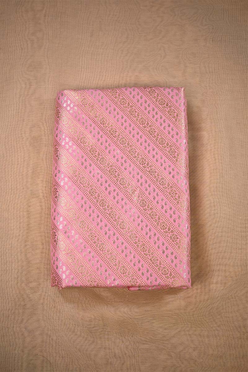 Pink Banarasi Silk Fabric with Floral & Paisley Stripes
