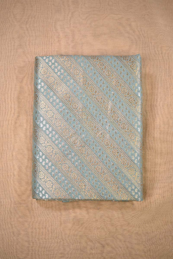 Powder Blue Banarasi Silk Fabric with Floral & Paisley Stripes