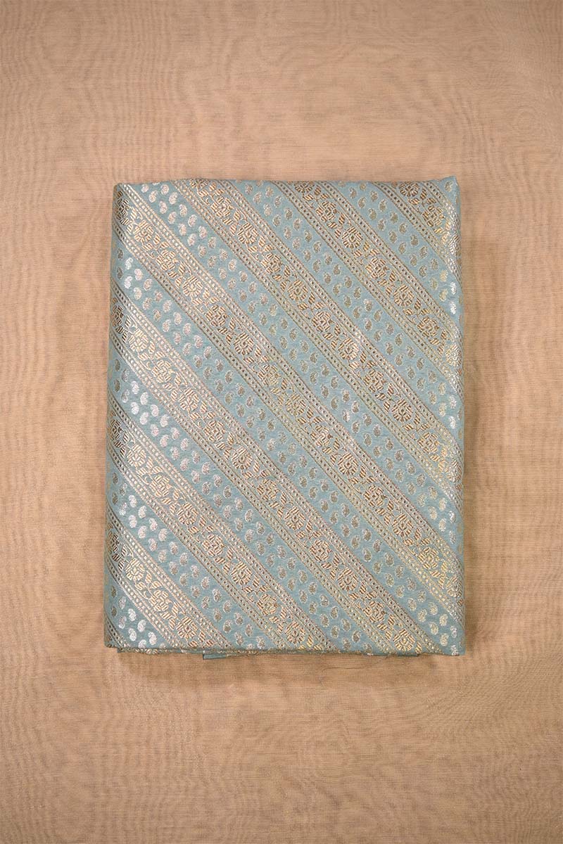 Powder Blue Banarasi Silk Fabric with Floral & Paisley Stripes