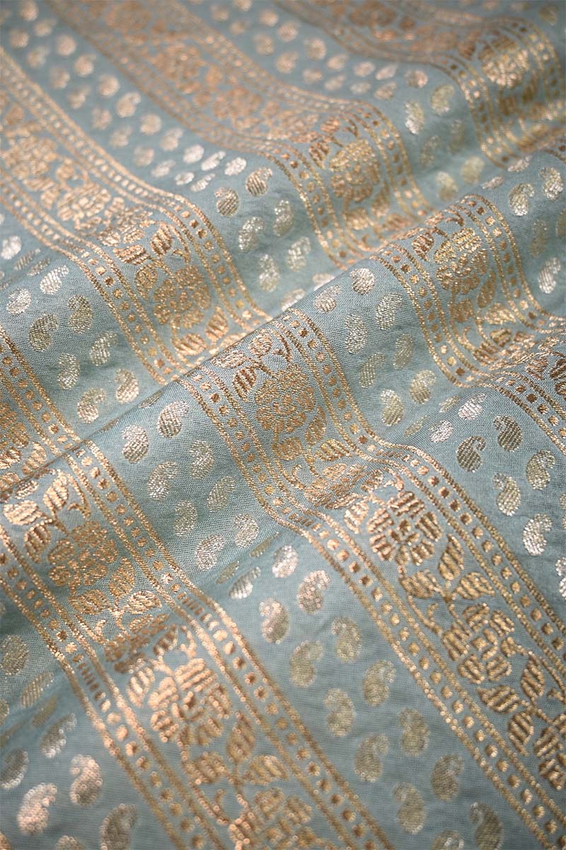 Powder Blue Banarasi Silk Fabric with Floral & Paisley Stripes