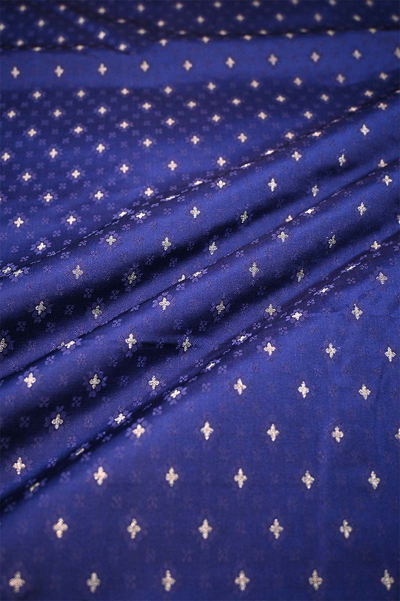 Deep Blue Banarasi Silk Fabric with Tanchoi and Gold Zari Motifs