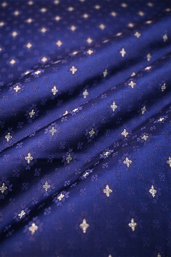 Deep Blue Banarasi Silk Fabric with Tanchoi and Gold Zari Motifs