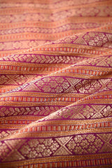 Magenta Katan Banarasi Silk Fabric with Geometrical Floral Stripes