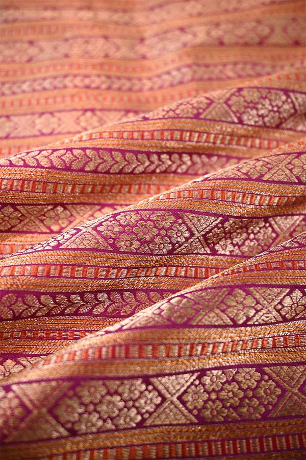 Magenta Katan Banarasi Silk Fabric with Geometrical Floral Stripes