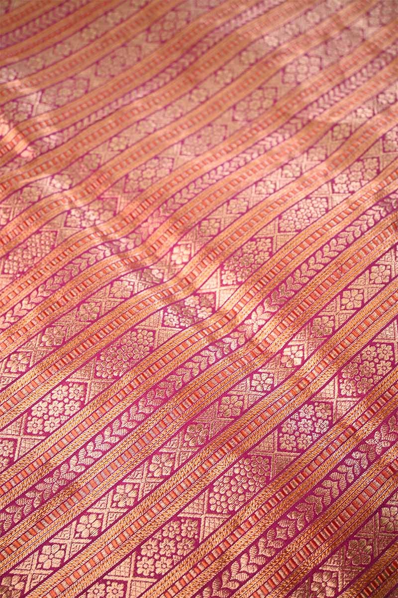 Magenta Katan Banarasi Silk Fabric with Geometrical Floral Stripes