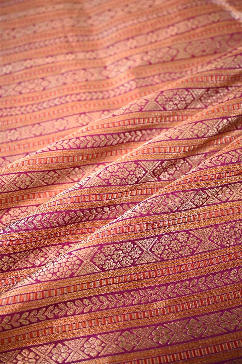 Magenta Katan Banarasi Silk Fabric with Geometrical Floral Stripes