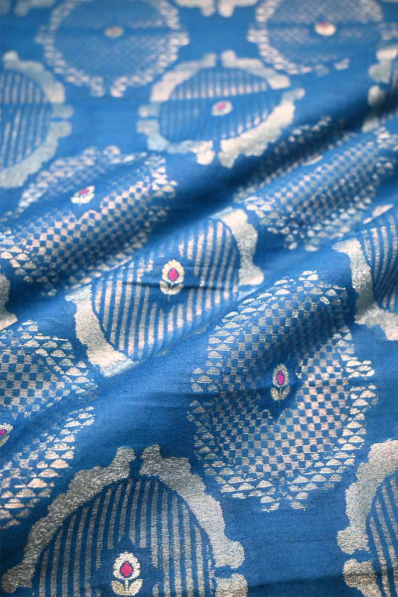 Blue Banarasi Silk Fabric with Meenakari Floral Detailing