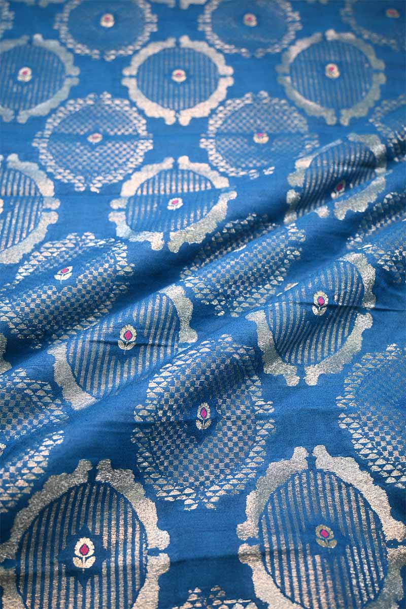 Blue Banarasi Silk Fabric with Meenakari Floral Detailing