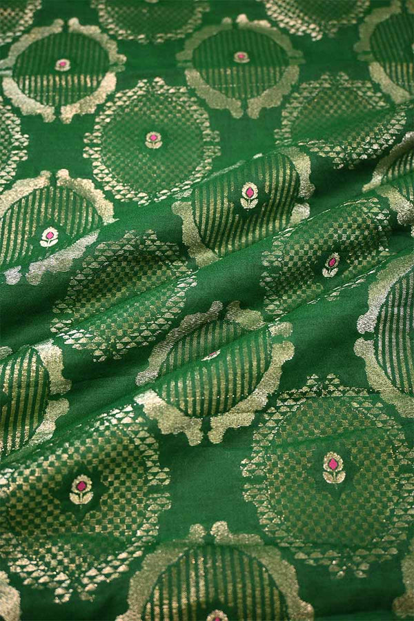 Green Banarasi Silk Fabric with Meenakari Floral Detailing