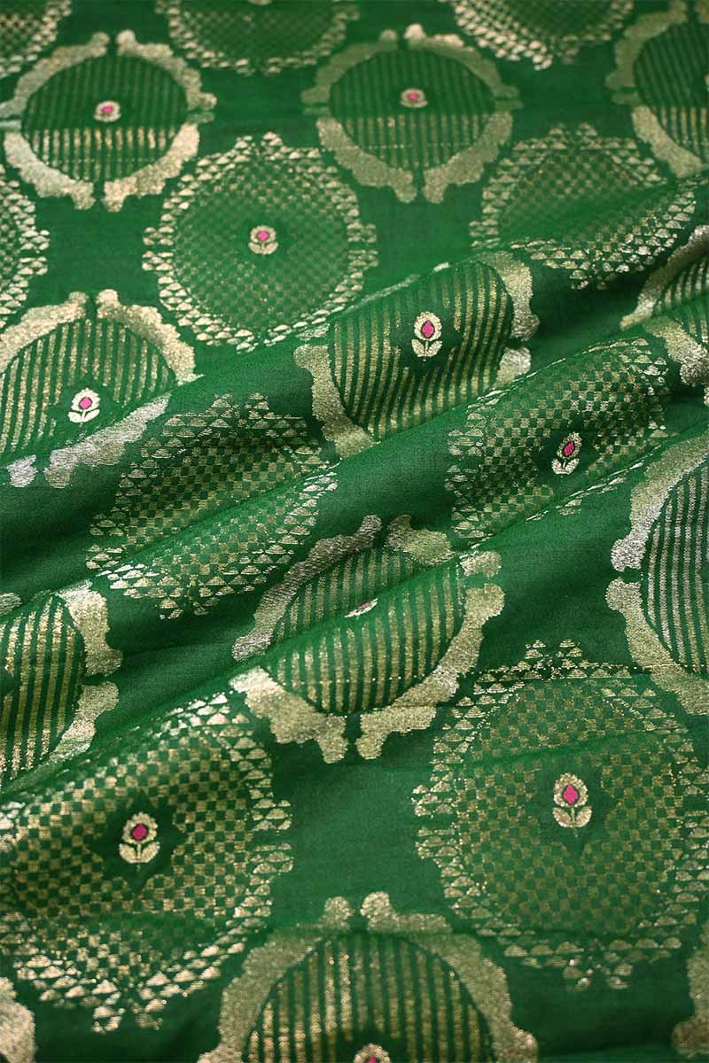 Green Banarasi Silk Fabric with Meenakari Floral Detailing