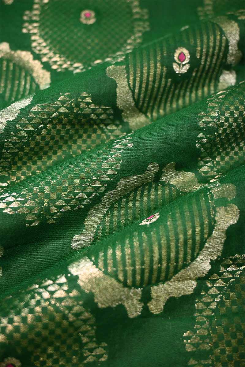 Green Banarasi Silk Fabric with Meenakari Floral Detailing
