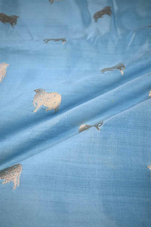 Sky Blue Chiniya Banarasi Silk Fabric with Pichwai Motifs